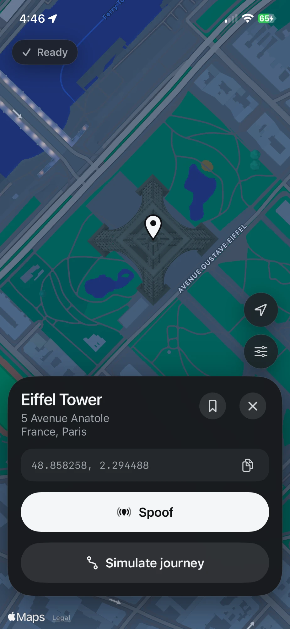 Waypoint set to the Eiffel Tower in Apple Maps, ready to spoof