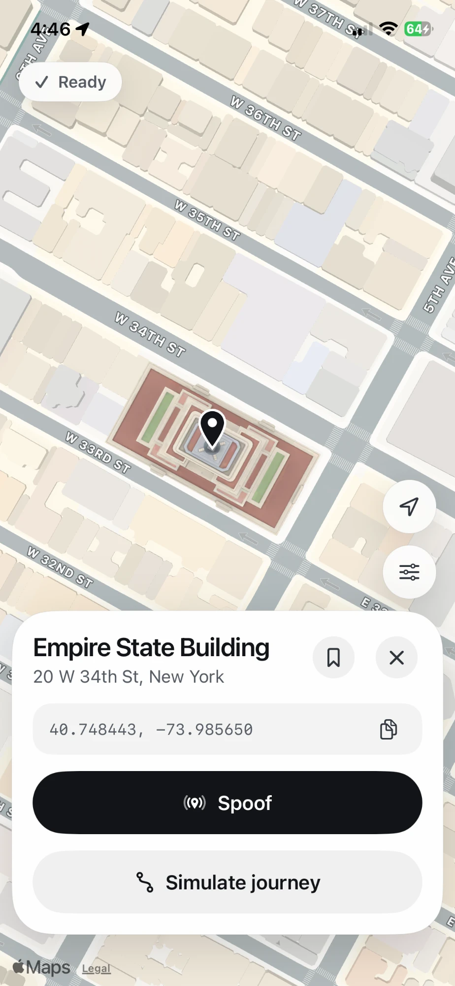 Waypoint set to the Empire State Building in Apple Maps