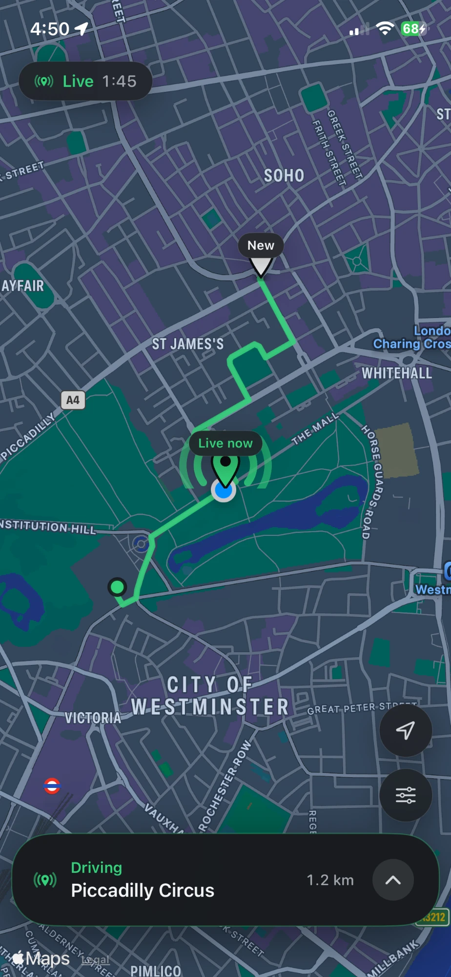 Waypoint tracking a live driving route in London