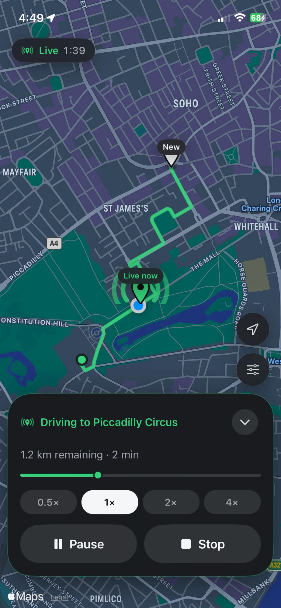 Waypoint simulating a live driving route to Piccadilly Circus