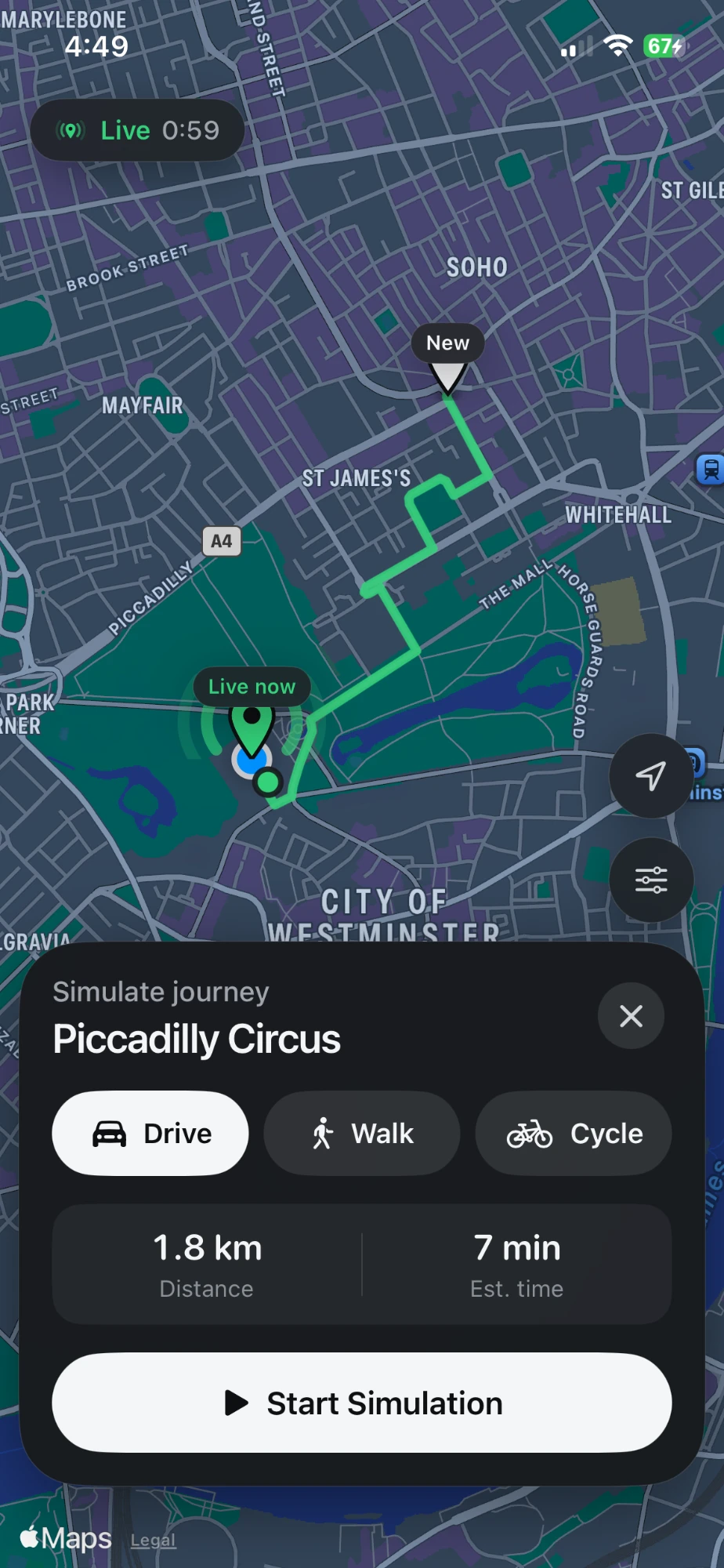 Waypoint's simulate journey screen with drive, walk, and cycle options