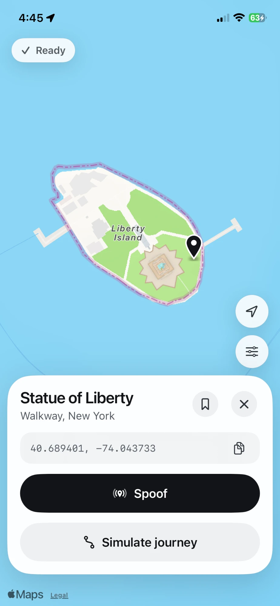 Waypoint set to the Statue of Liberty in Apple Maps