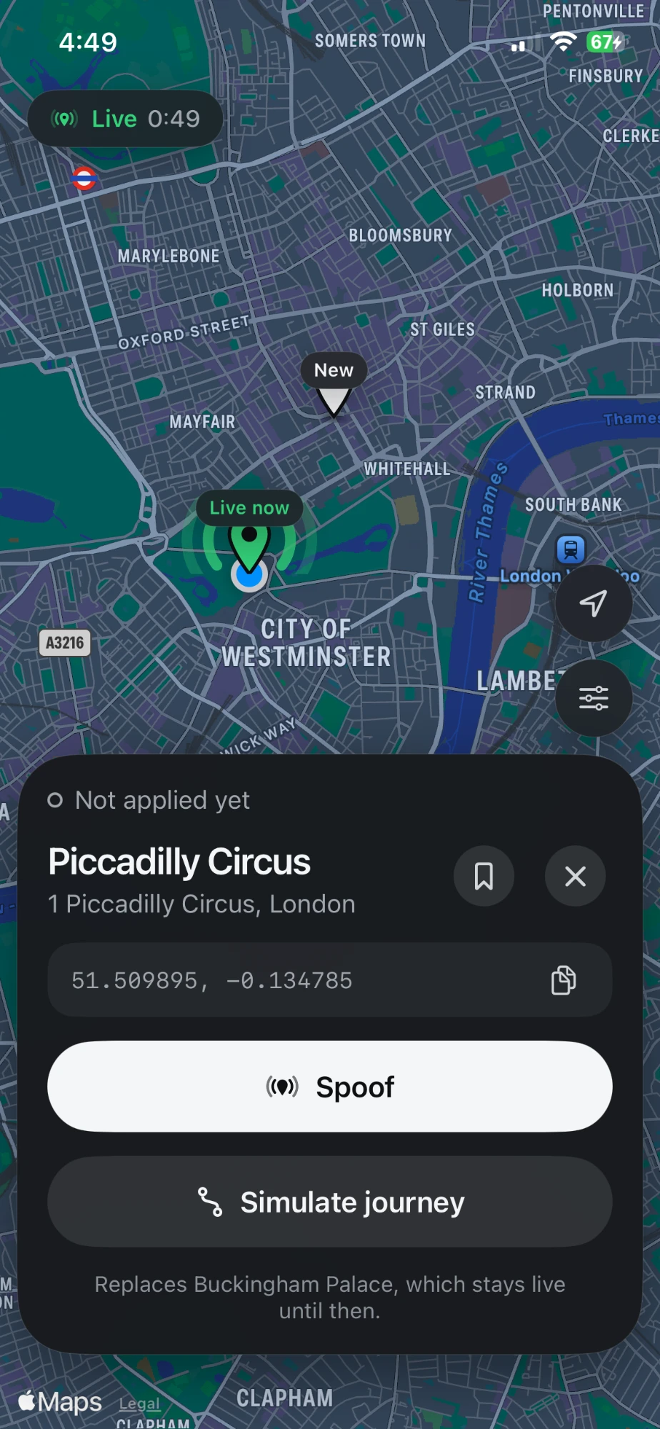Waypoint swapping the live location to Piccadilly Circus, replacing Buckingham Palace